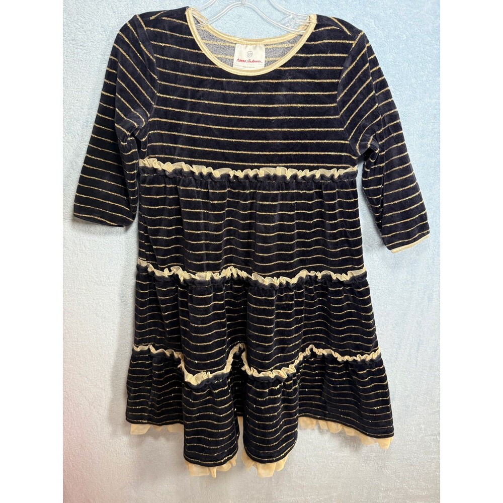 Hanna Andersson Girls Black Gold Metallic Stripe Velvet Tiered Dress Size 110--5